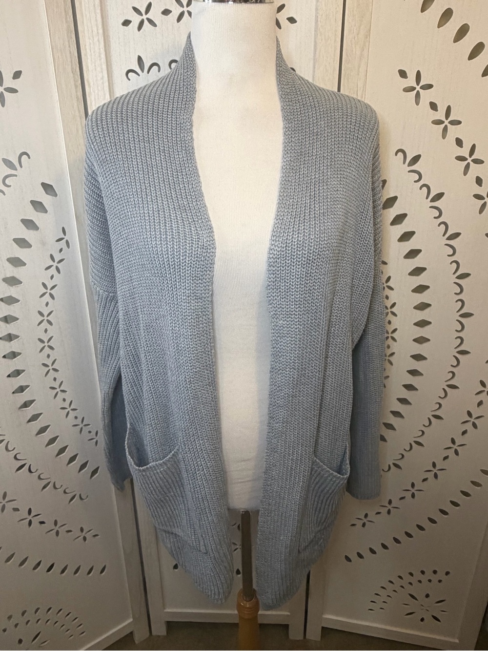Open-Front Light Blue Grey Knit Cardigan Sweater